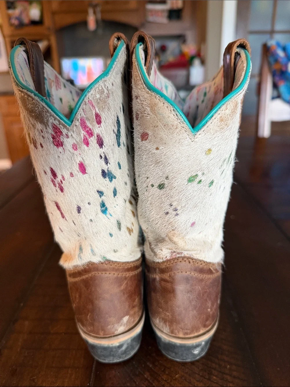 Dan Post Kids Brown Leather & Cream Cowhide Boots with Turquoise Trim